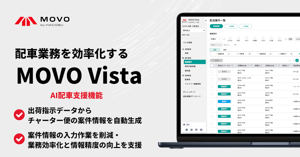 Hacobu、配車管理「MOVO Vista」にAI支援機能を追加。川崎重工で実証・活用も