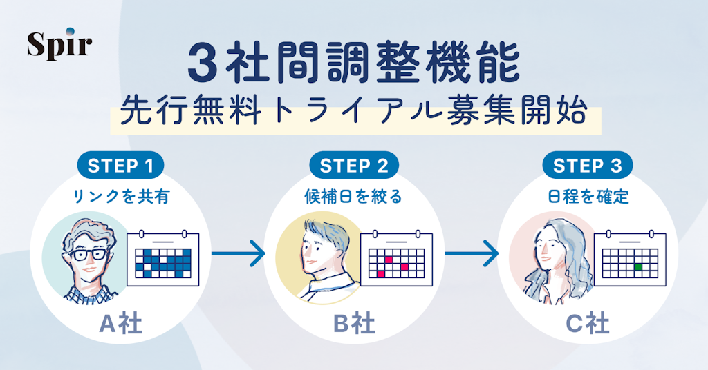 日程調整ツールSpir、複雑な「3社間調整」を効率化する新機能のトライアルを開始