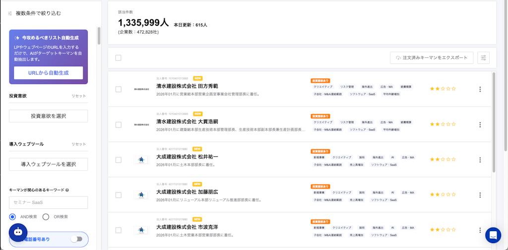 URL入力10秒で営業リストが完成。「キーマンデータベース」が新機能をローンチ